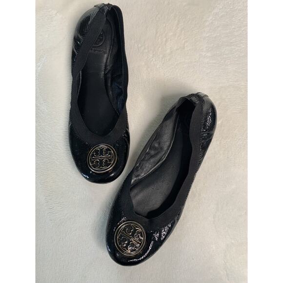 Tory Burch Womens Ballet Flats size 8 M Black Patent Leather Gold Caroline - Picture 2 of 8